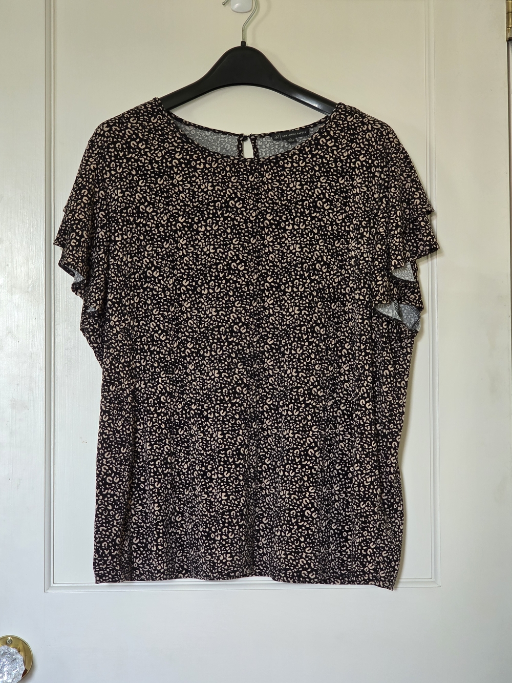 Adrianna Papell Black Blouse with Cream Ditsy Print and Ruffle Sleeves XL